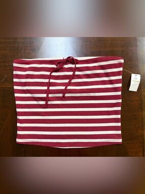 Striped Red and White Knit Mini Skirt with Drawstring Waist